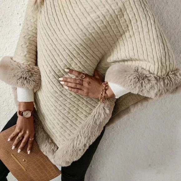 Apricot Casual Women's Turtleneck Fuzzy Trim Batwing Sleeve Poncho Sweater - Picture 4 of 7